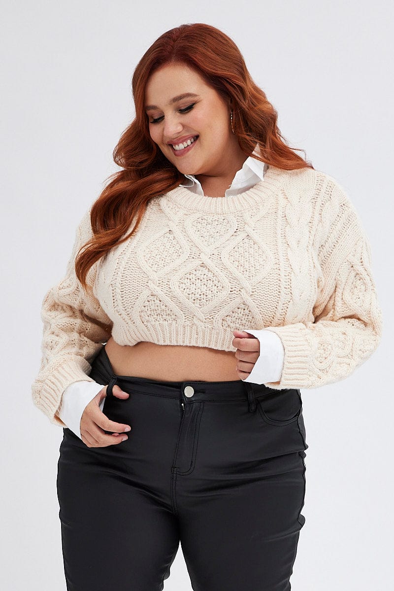 Beige Cable Knit Jumper Crop Faux Layered - Image 3