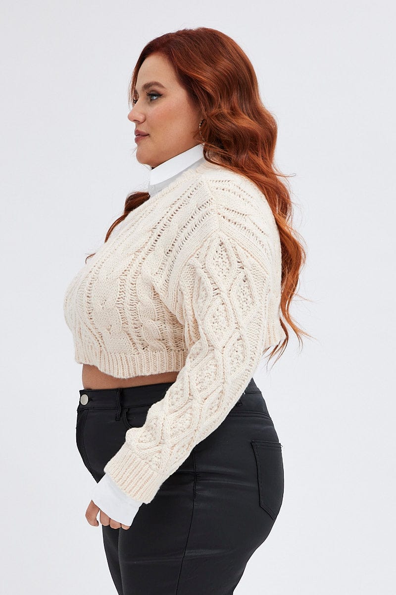 Beige Cable Knit Jumper Crop Faux Layered - Image 4
