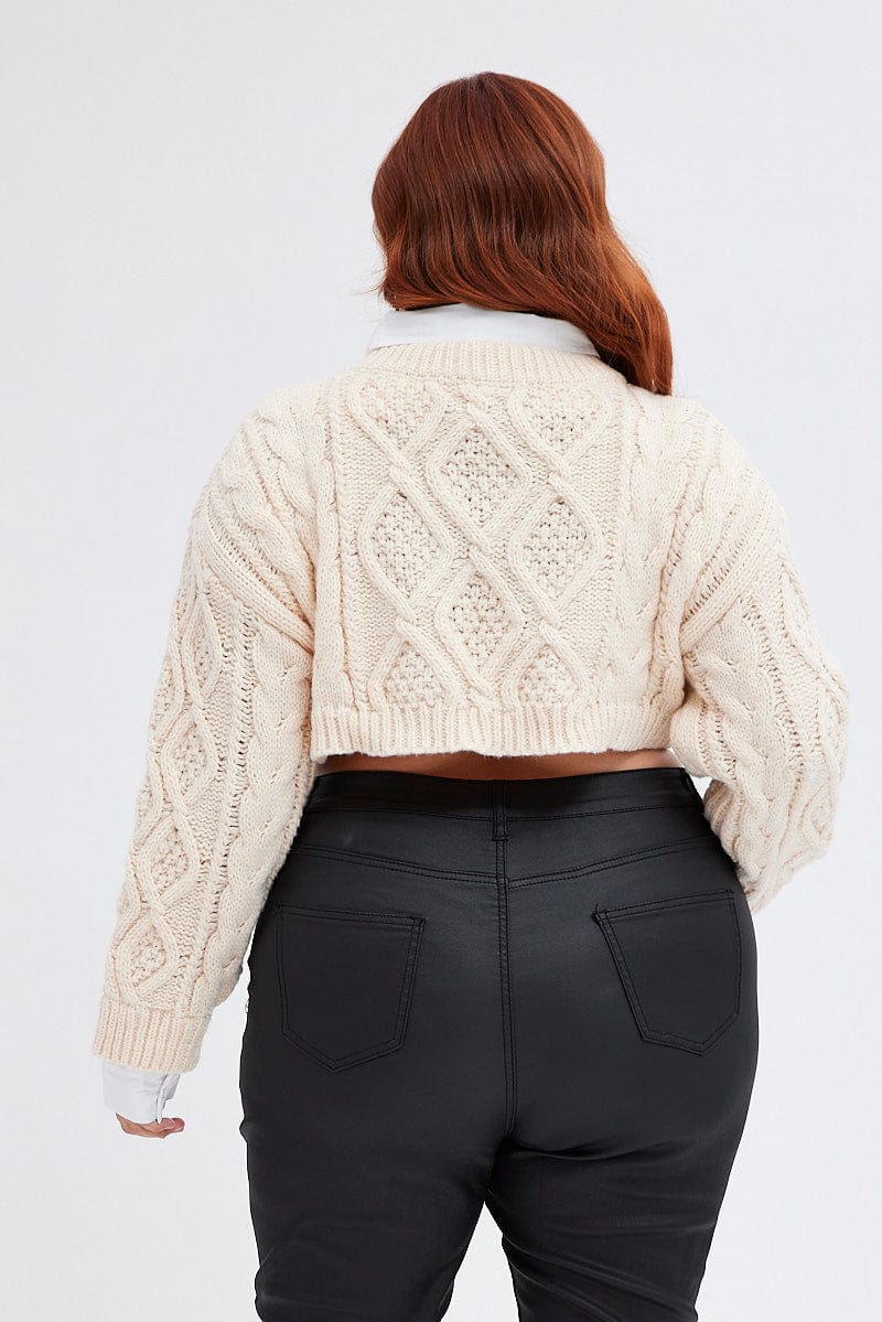 Beige Cable Knit Jumper Crop Faux Layered - Image 5