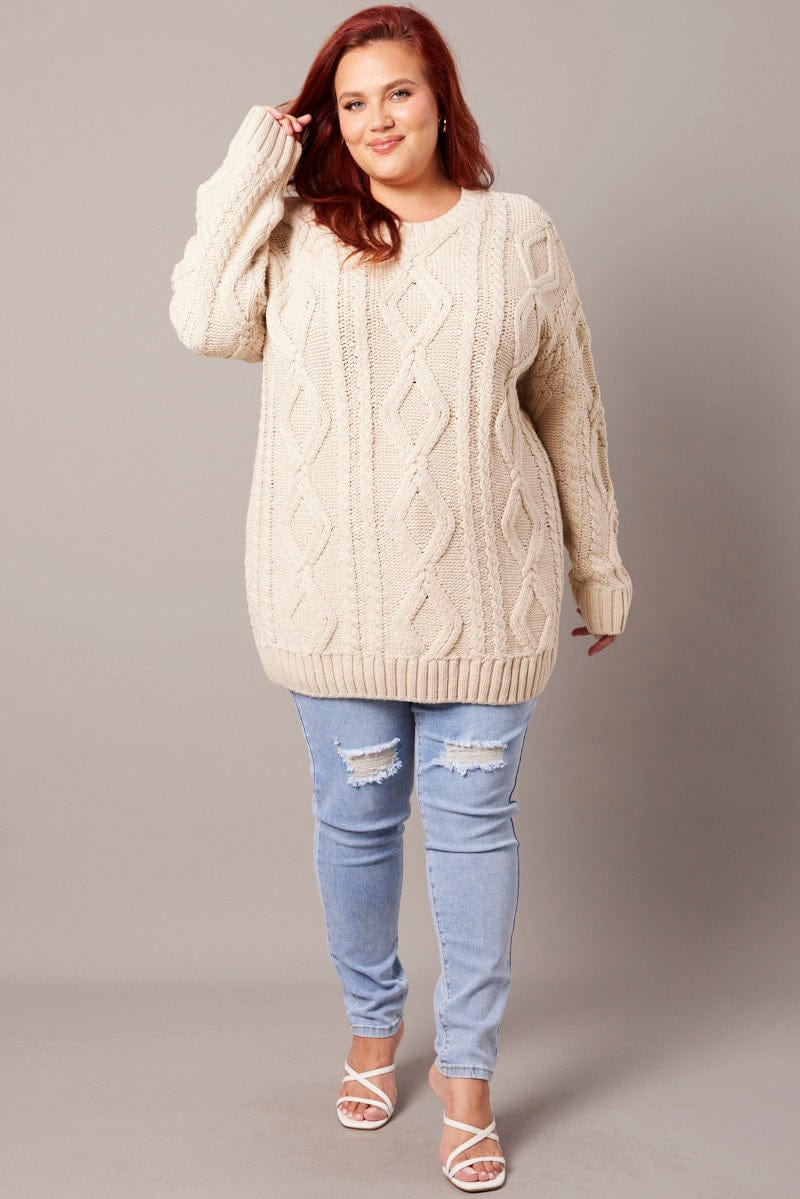 Beige Cable Knit Jumper Round Neck Long Sleeve - Image 2