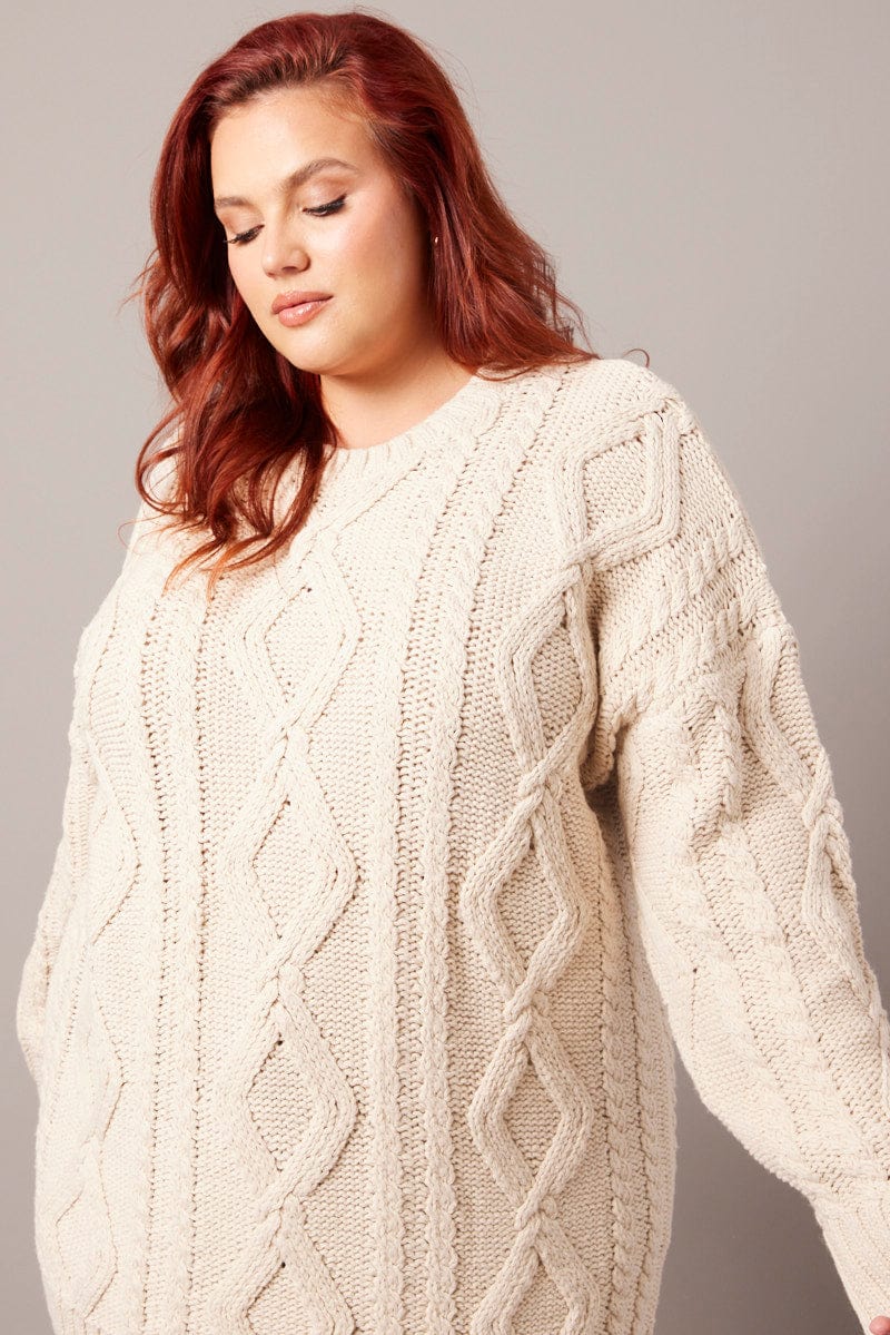 Beige Cable Knit Jumper Round Neck Long Sleeve - Image 3