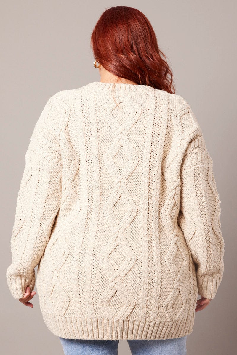 Beige Cable Knit Jumper Round Neck Long Sleeve - Image 5