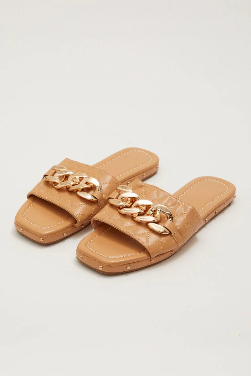 Beige Chain Decor Quilted Slides Slippers - Image 2