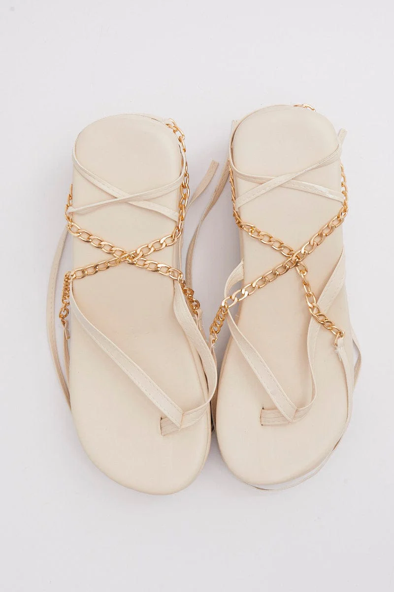 Beige Chain Decor Tie Leg Toe Post Wedge Thong Sandals - Image 2
