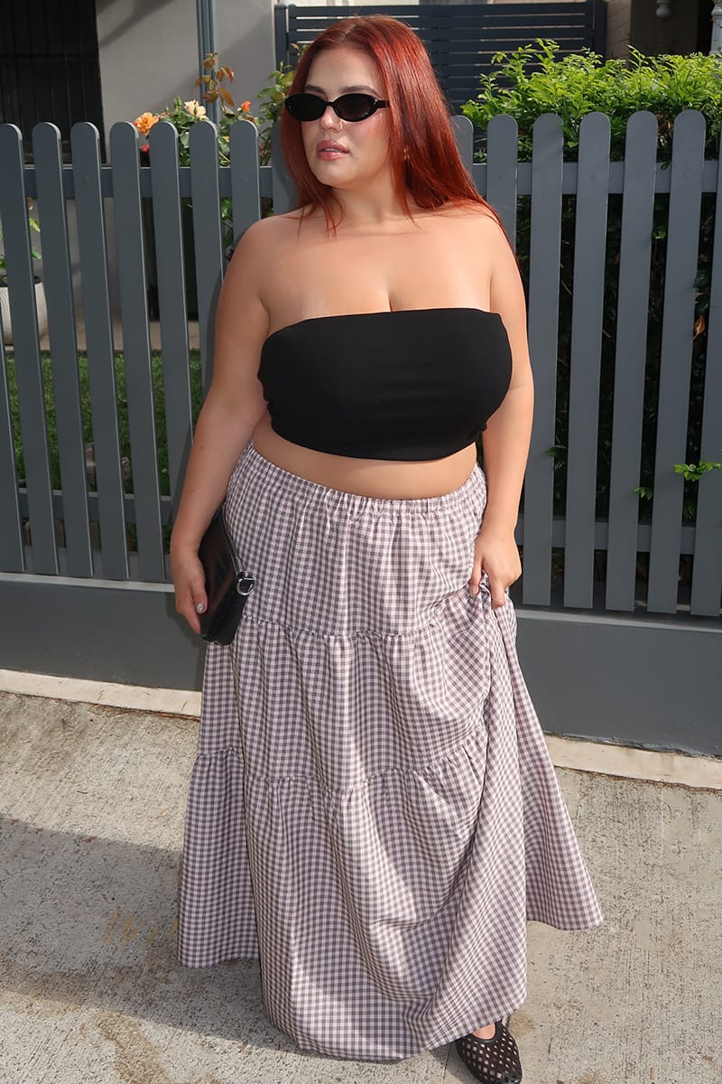 Beige Check Check Maxi Skirt Tiered