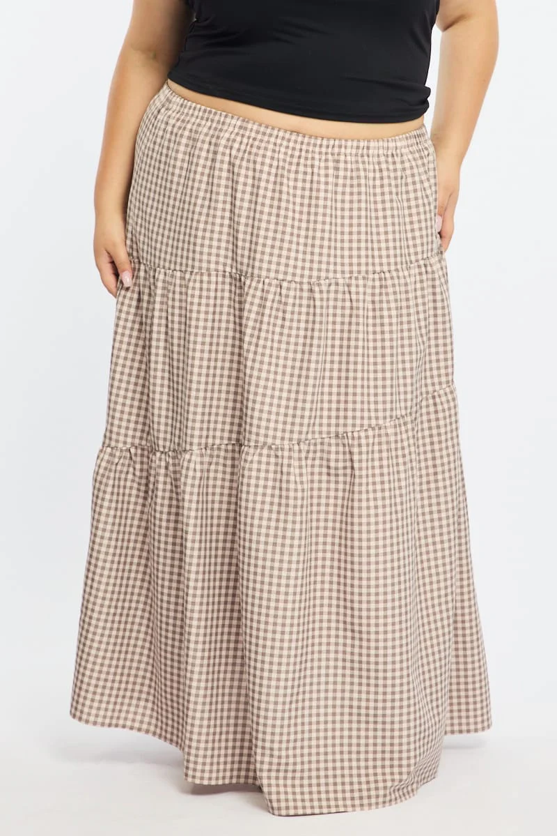 Beige Check Check Maxi Skirt Tiered - Image 3