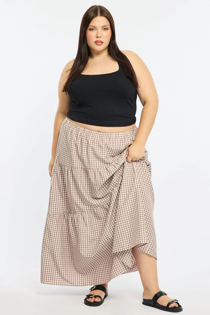 Beige Check Check Maxi Skirt Tiered - Image 4