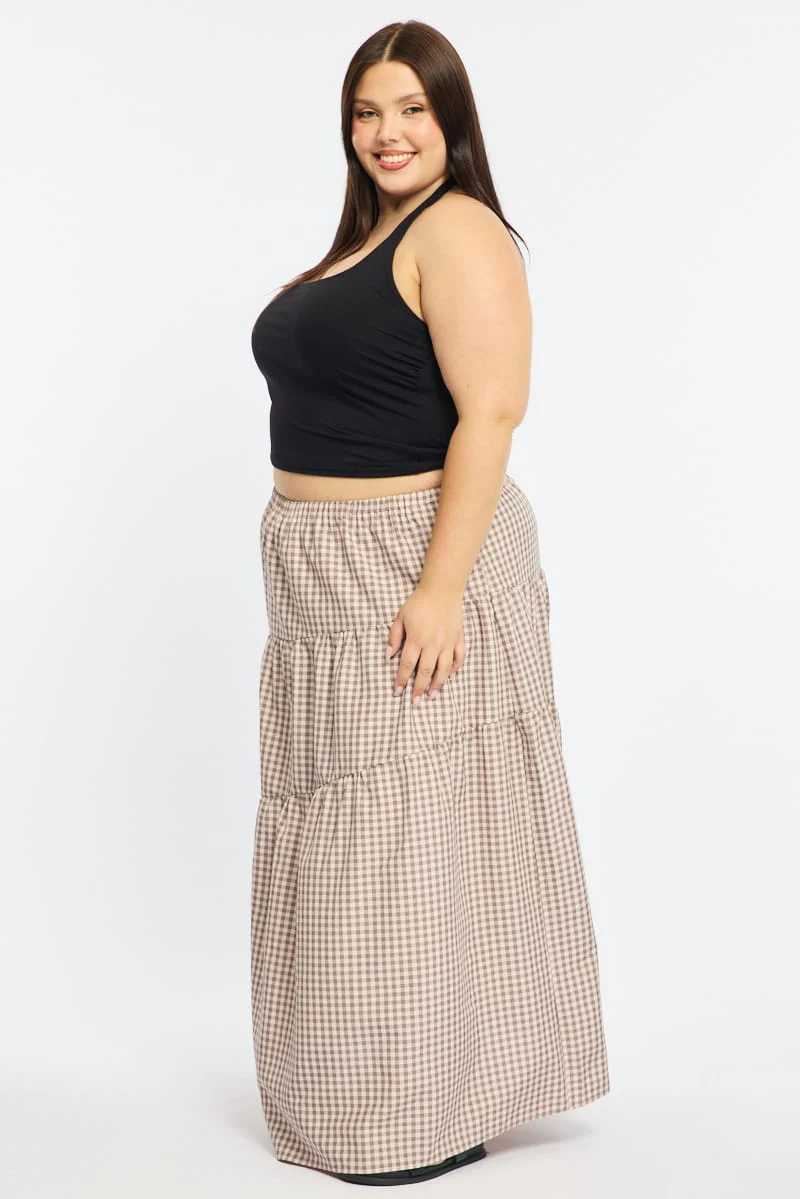 Beige Check Check Maxi Skirt Tiered - Image 5