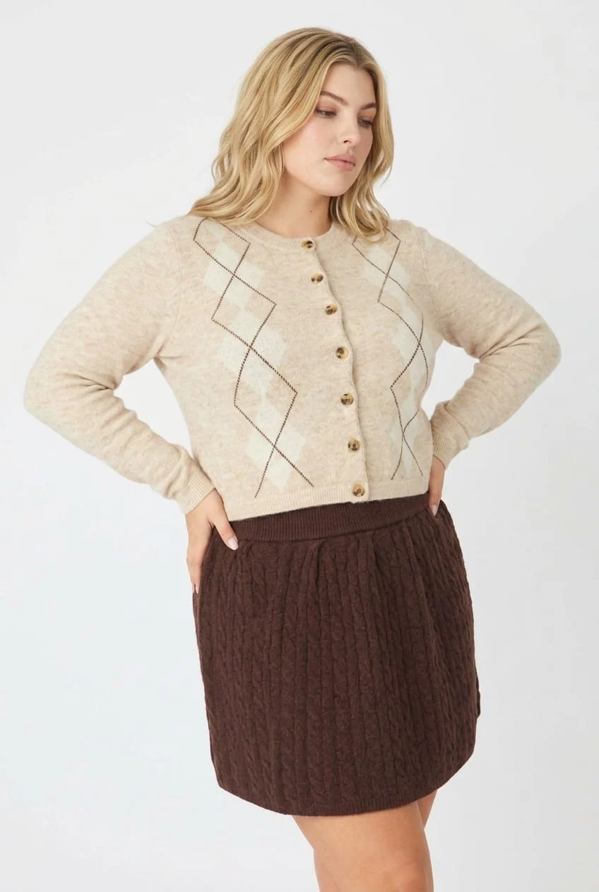 Beige Check Knit Cardigan Long Sleeve Argyle