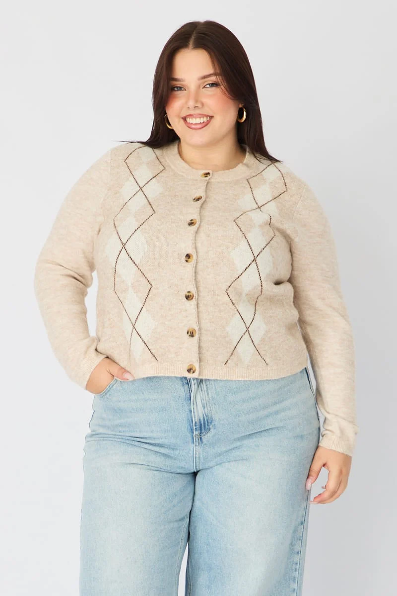 Beige Check Knit Cardigan Long Sleeve Argyle - Image 2