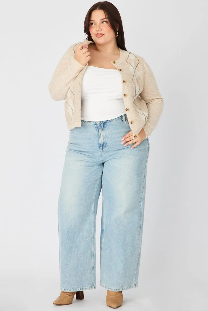 Beige Check Knit Cardigan Long Sleeve Argyle - Image 3