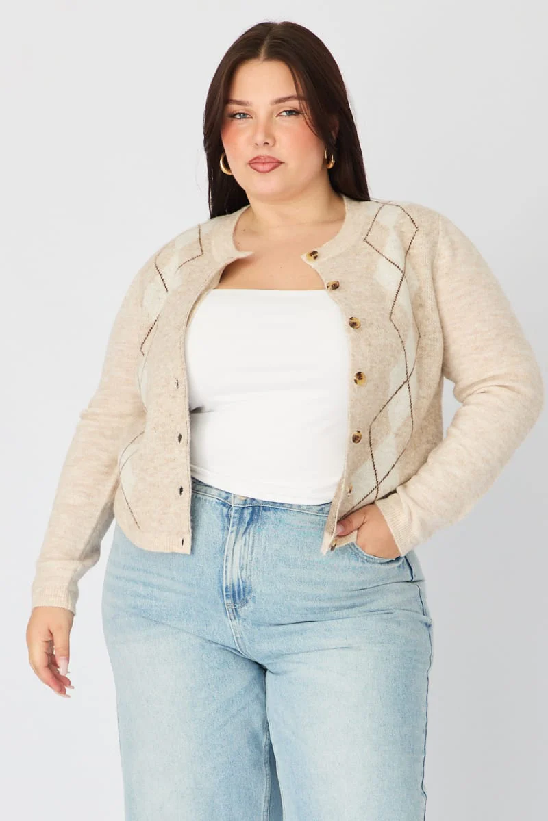 Beige Check Knit Cardigan Long Sleeve Argyle - Image 4