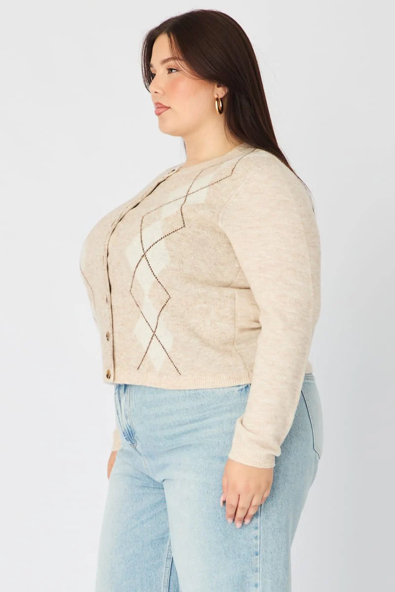 Beige Check Knit Cardigan Long Sleeve Argyle - Image 5