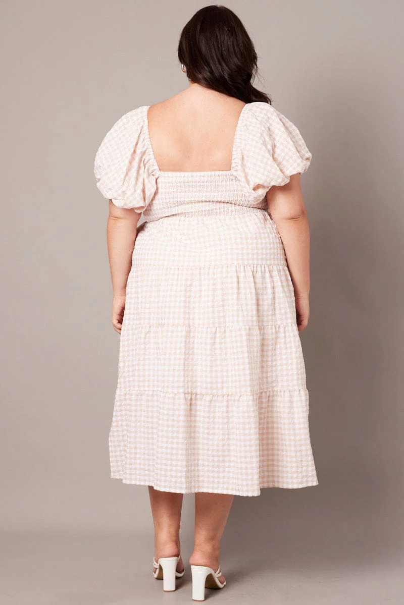 Beige Check Midi Dress Short Sleeve Shirred - Image 5