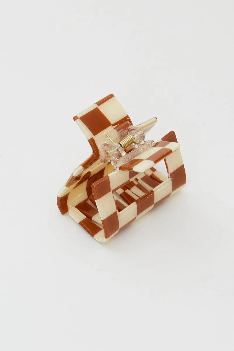Beige Check Print Hair Claw - Image 2