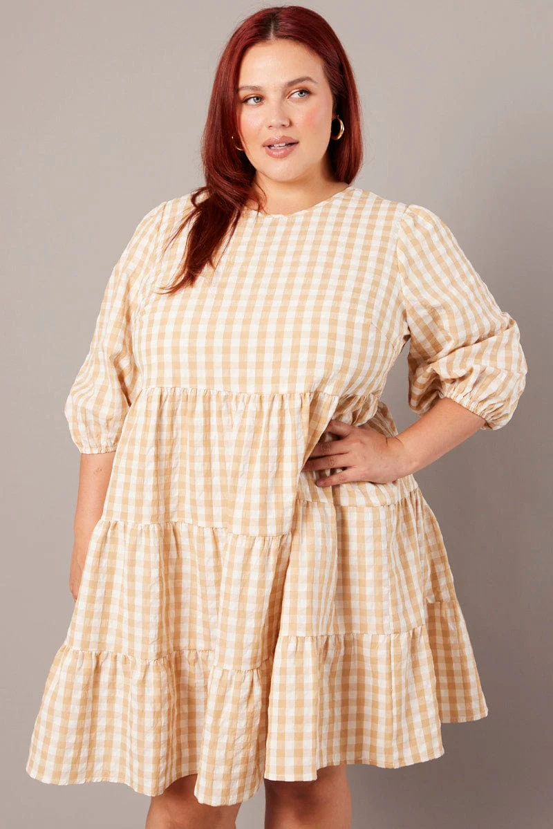 Beige Check Puff 3/4 Sleeve Gingham Smock Dress - Image 3