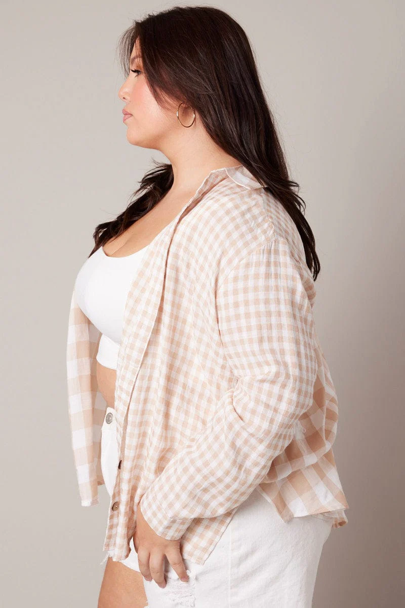 Beige Check Relaxed Shirt Long Sleeve - Image 4