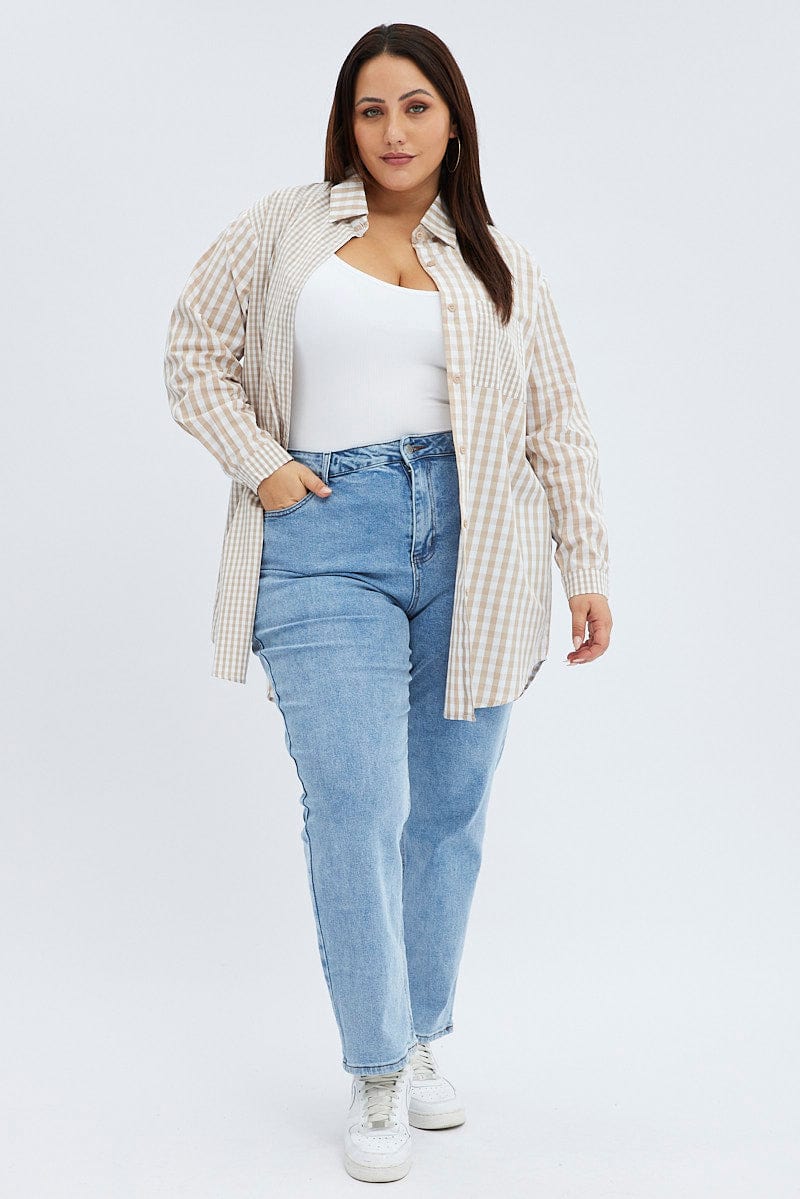 Beige Check Relaxed Shirt Long Sleeve Mixed Check - Image 2