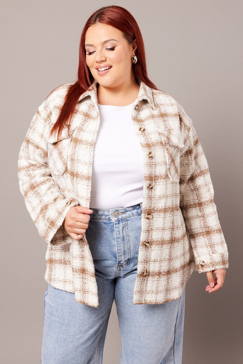 Beige Check Relaxed Shirt Long Sleeve Shacket - Image 2