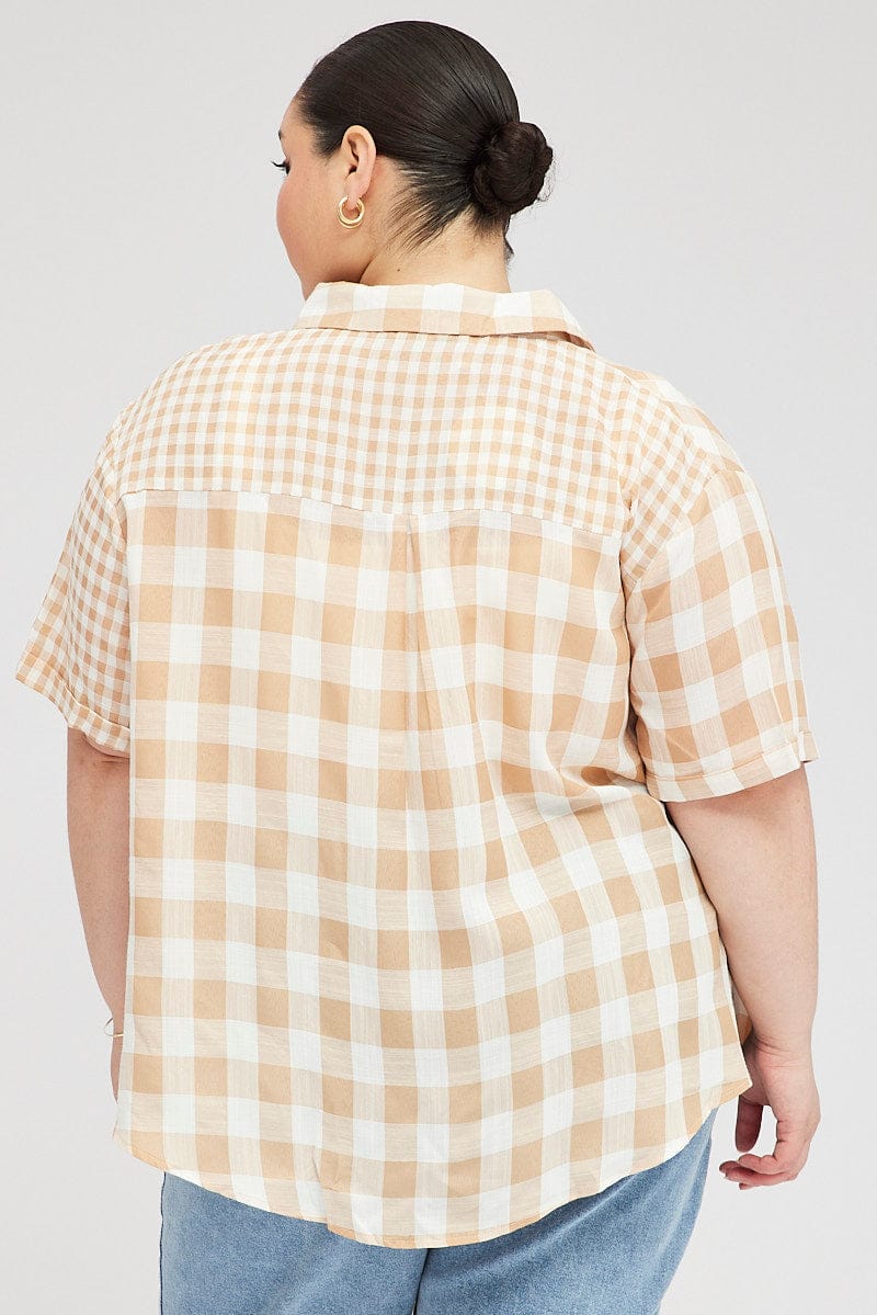 Beige Check Relaxed Shirt Short Sleeve V-neck - Image 5