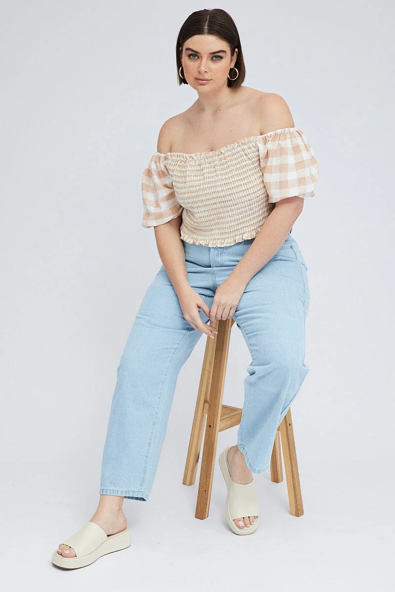 Beige Check Shirred Top Short Sleeve Square Neck - Image 2