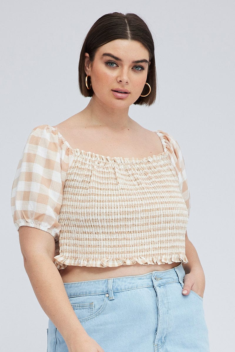 Beige Check Shirred Top Short Sleeve Square Neck - Image 3