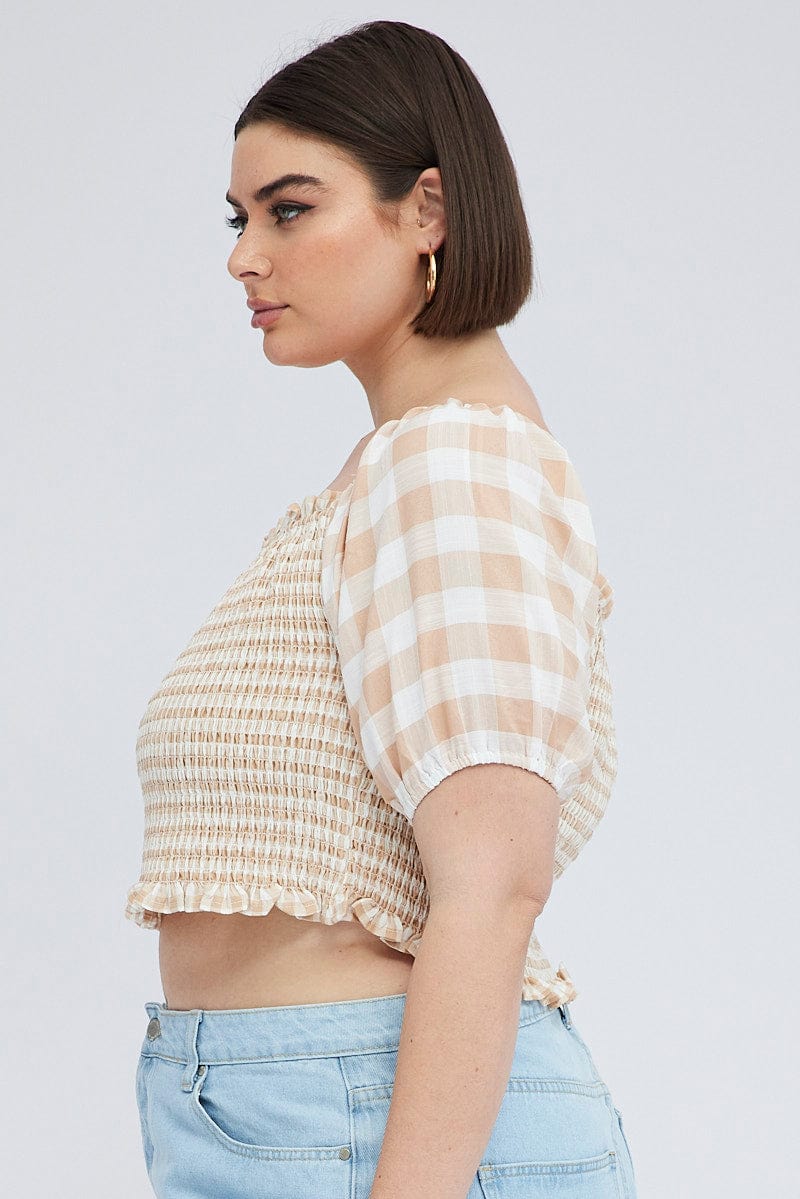Beige Check Shirred Top Short Sleeve Square Neck - Image 4