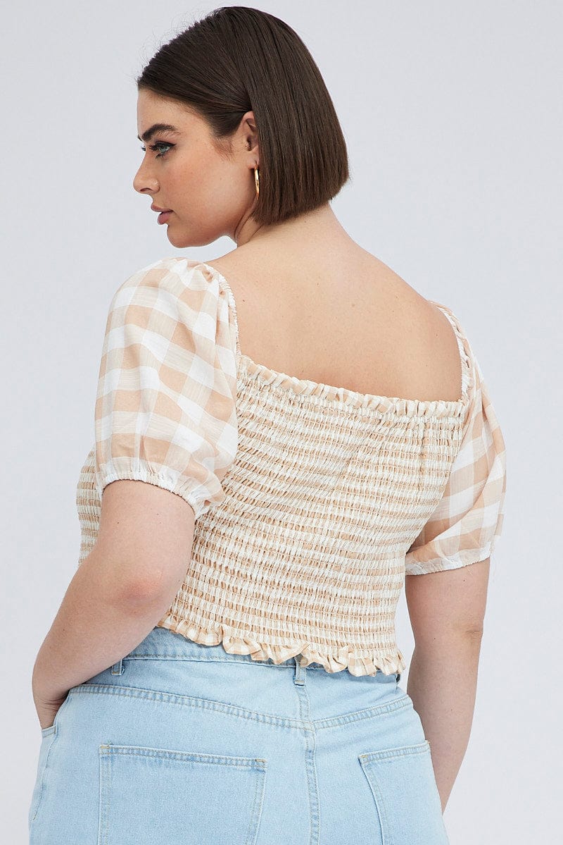 Beige Check Shirred Top Short Sleeve Square Neck - Image 5