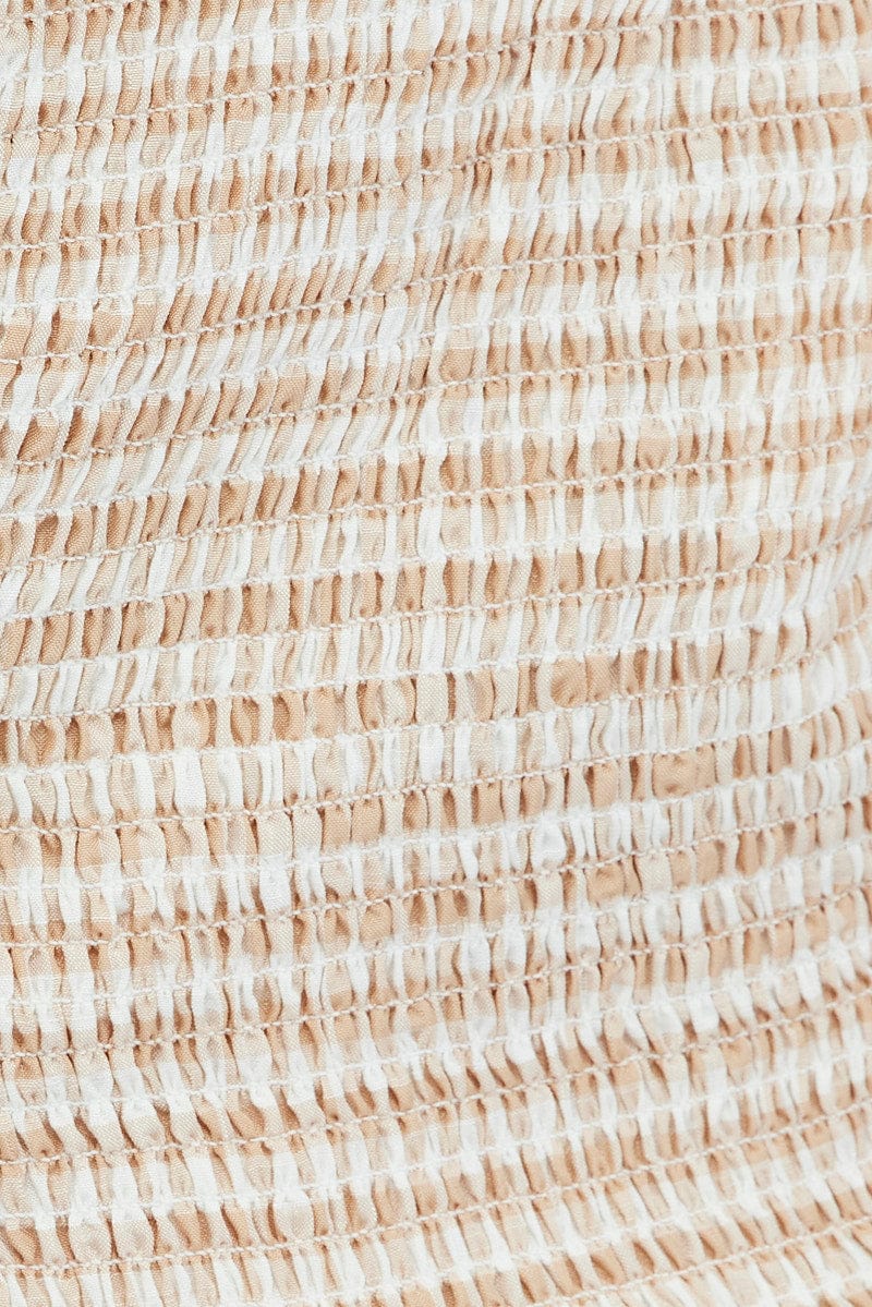 Beige Check Shirred Top Short Sleeve Square Neck - Image 6