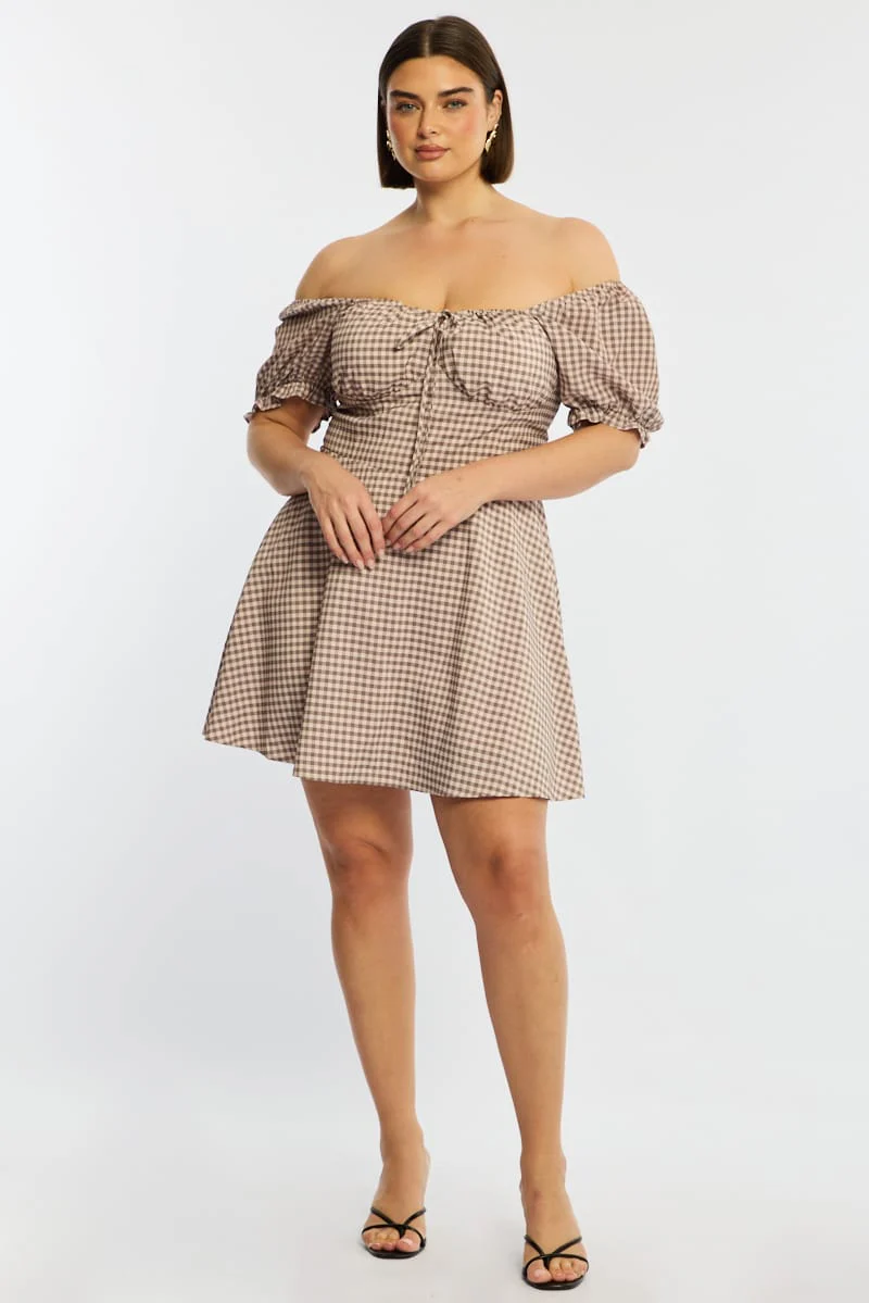Beige Check Skater Dress Short Sleeve Ruched Bust - Image 3