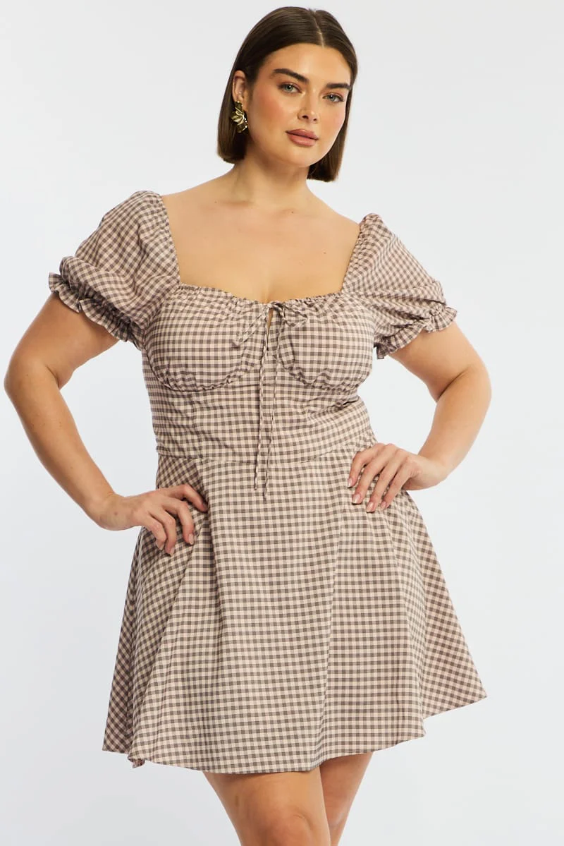 Beige Check Skater Dress Short Sleeve Ruched Bust - Image 4