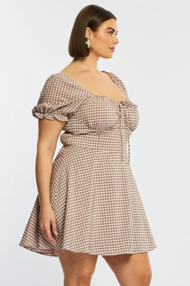 Beige Check Skater Dress Short Sleeve Ruched Bust - Image 5