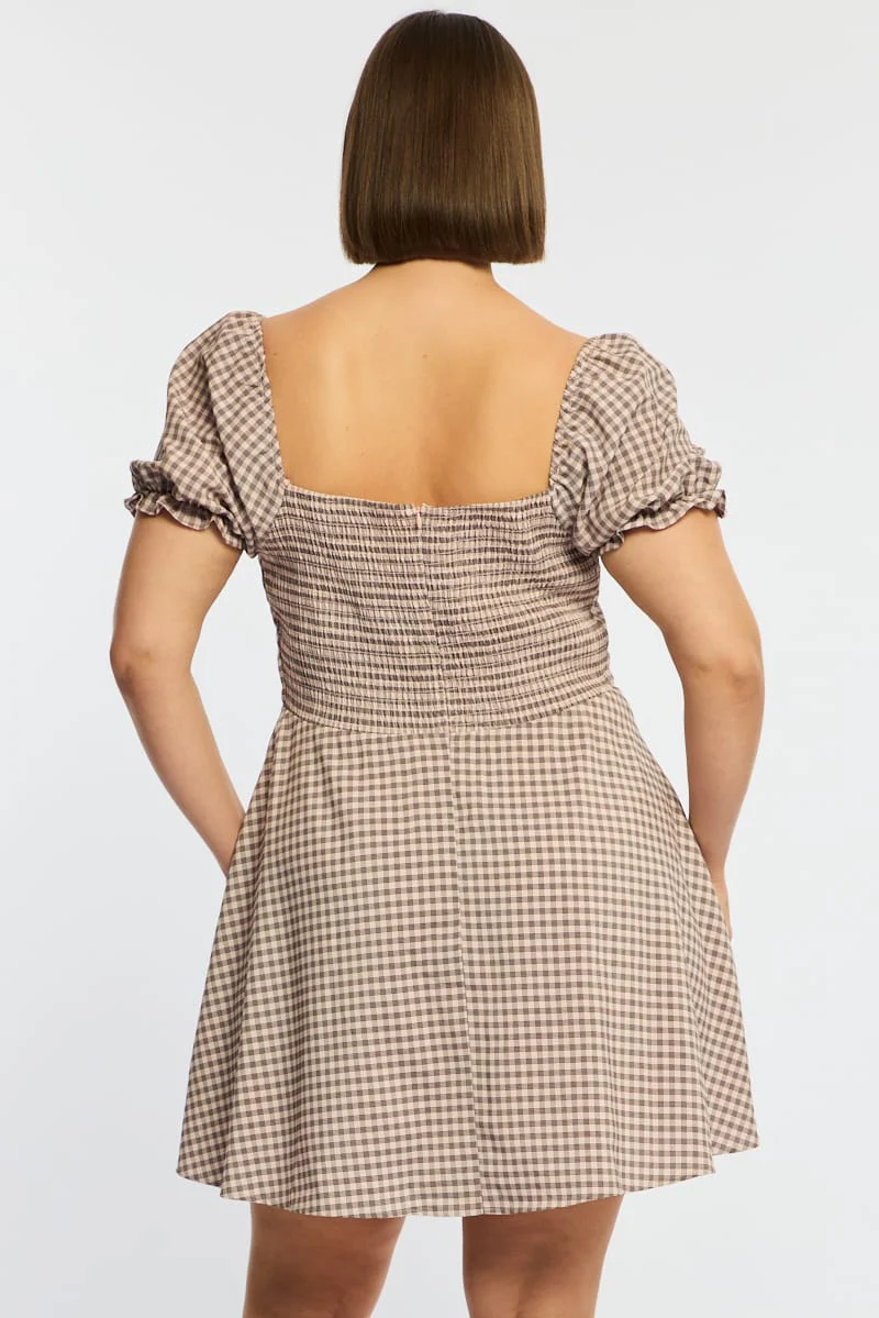 Beige Check Skater Dress Short Sleeve Ruched Bust - Image 6