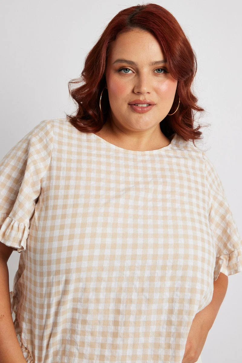 Beige Check Smock Top Short Sleeve - Image 3