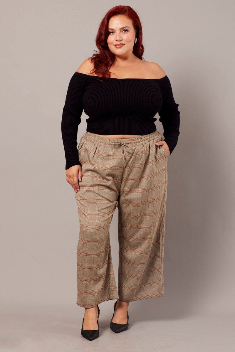 Beige Check Tapered Pants Elasticated Waist Cropped - Image 3