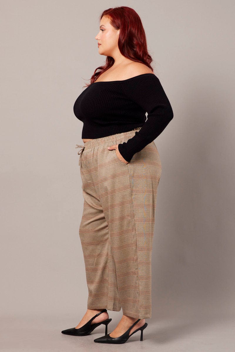 Beige Check Tapered Pants Elasticated Waist Cropped - Image 4