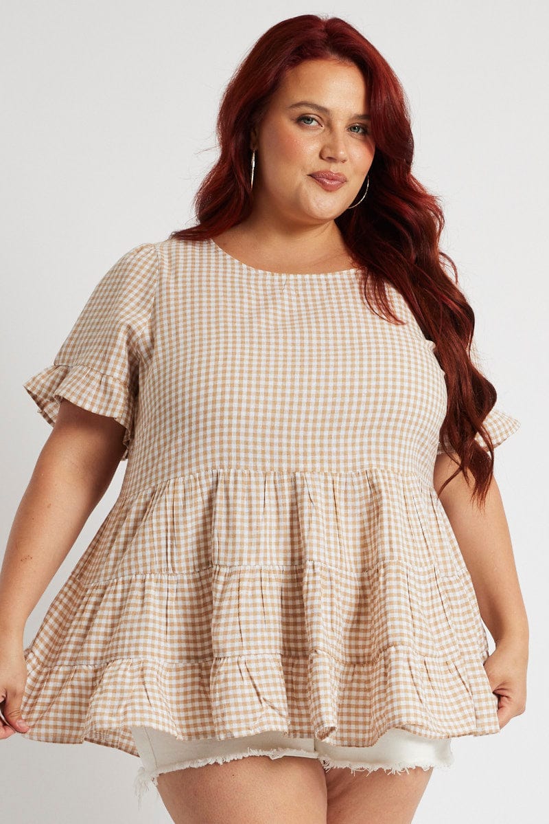 Beige Check Tiered Top Short Sleeve - Image 3