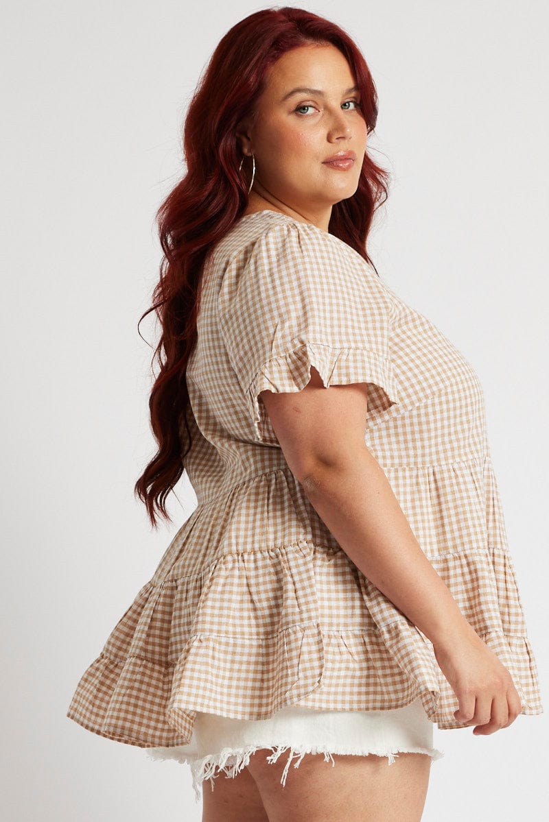 Beige Check Tiered Top Short Sleeve - Image 4
