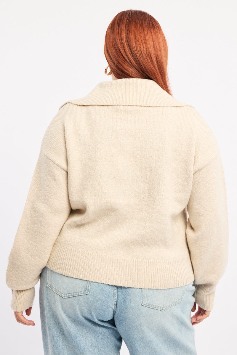 Beige Collar Knit Cardigan Long Sleeve - Image 4