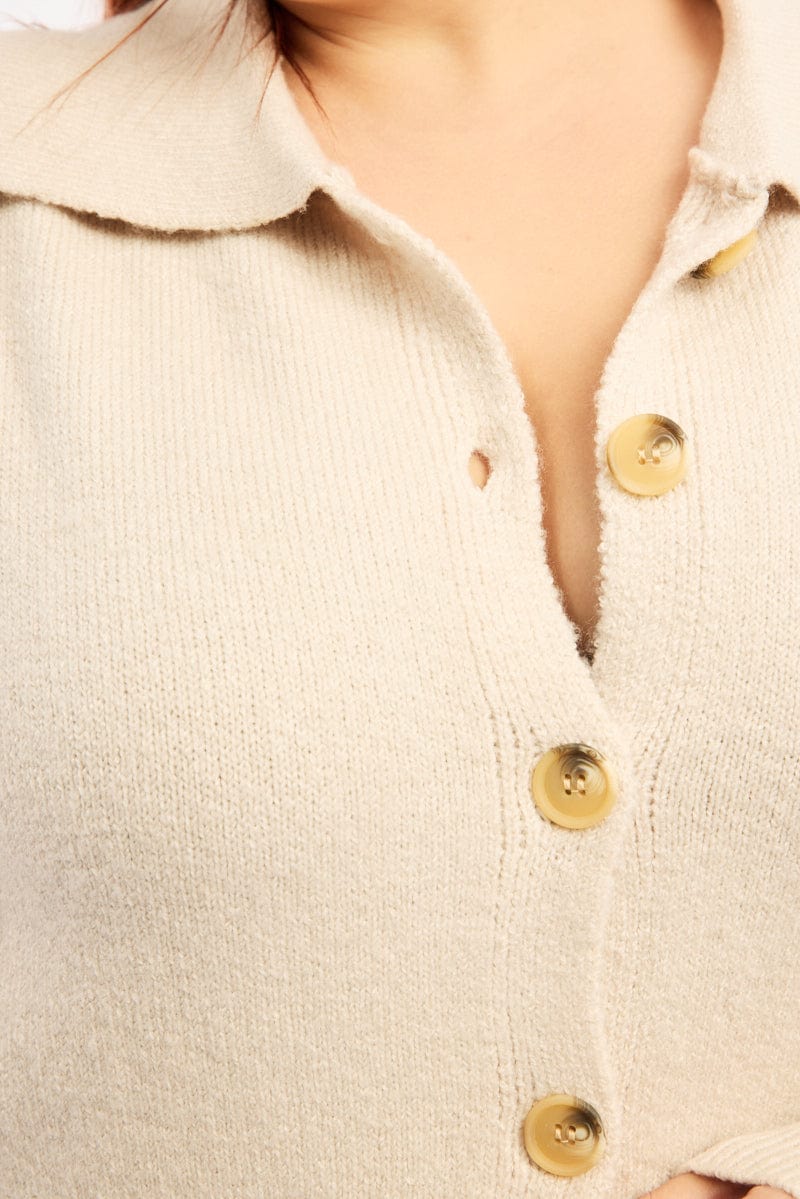 Beige Collar Knit Cardigan Long Sleeve - Image 5