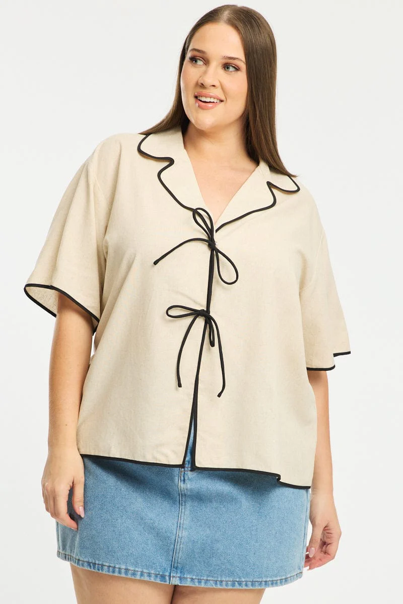 Beige Collar Top Short Sleeve Tie Up