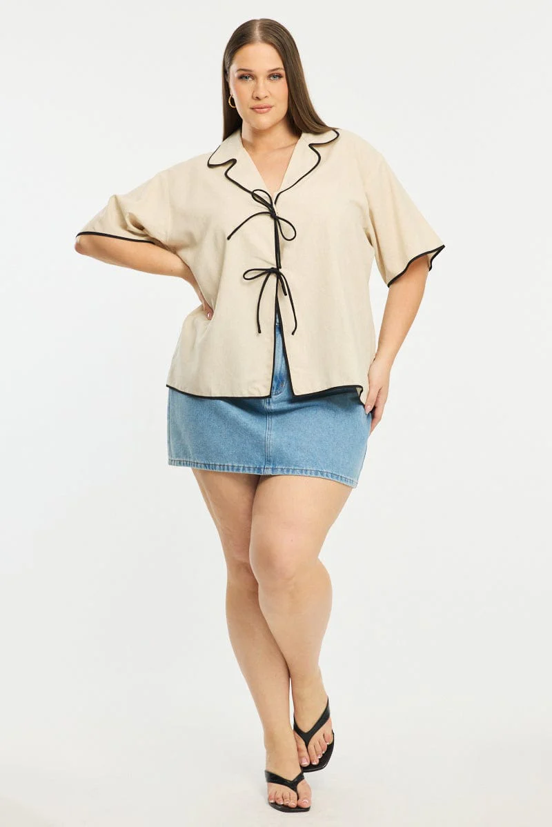 Beige Collar Top Short Sleeve Tie Up - Image 2