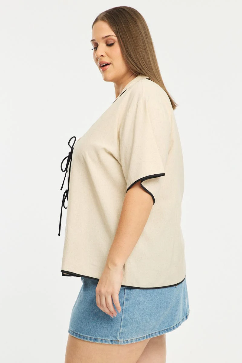 Beige Collar Top Short Sleeve Tie Up - Image 3