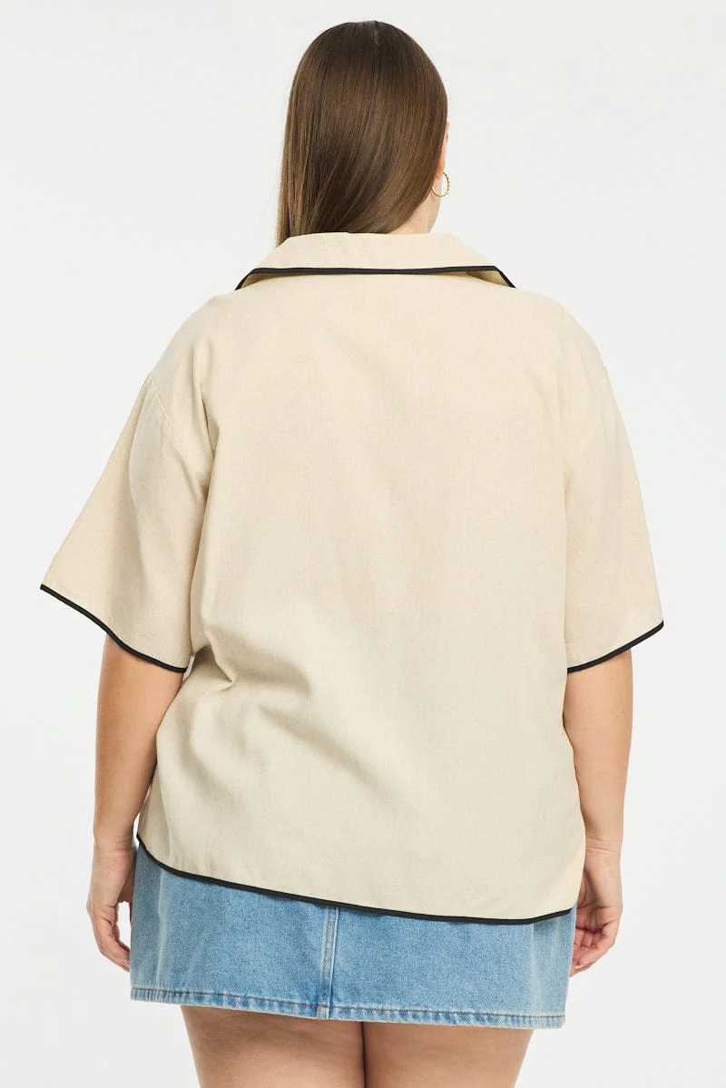 Beige Collar Top Short Sleeve Tie Up - Image 4