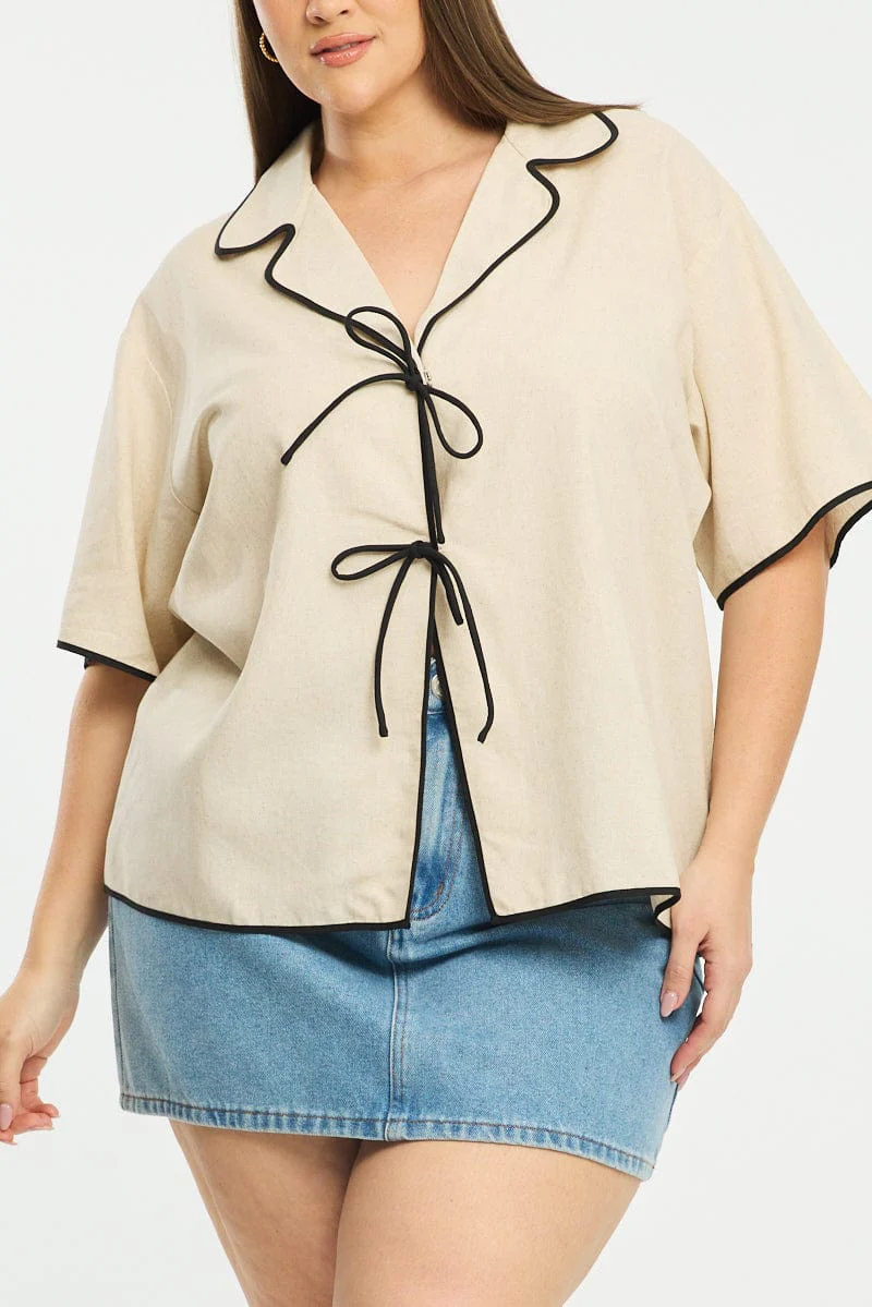 Beige Collar Top Short Sleeve Tie Up - Image 5