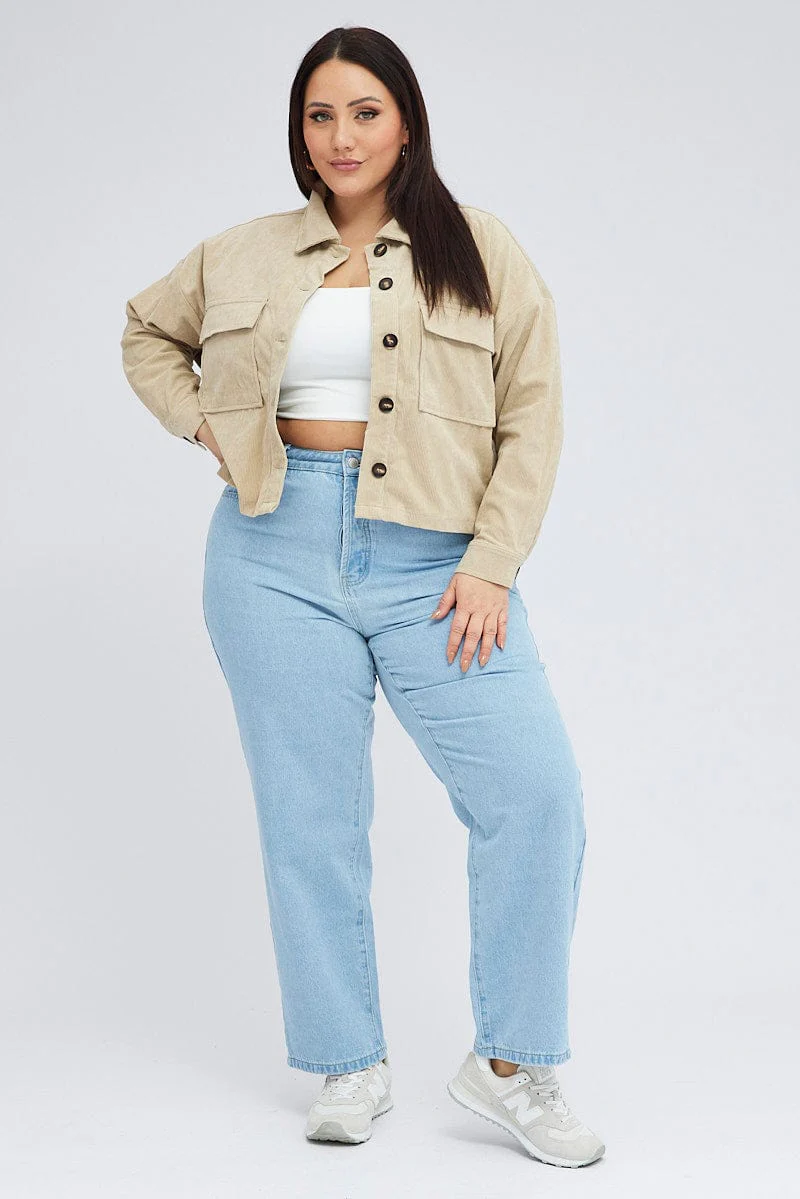 Beige Cord Crop Jacket Long Sleeve - Image 3
