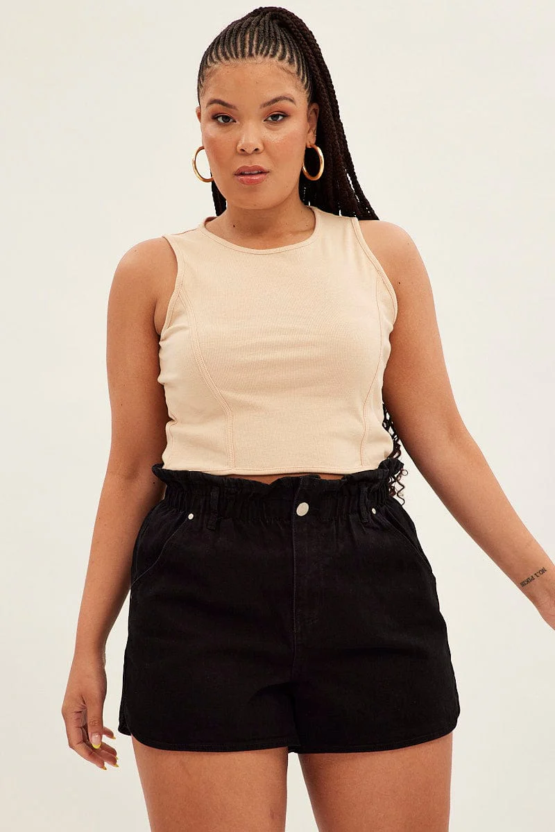 Beige Corset Top Sleeveless Crop Panel Rib Jersey - Image 3
