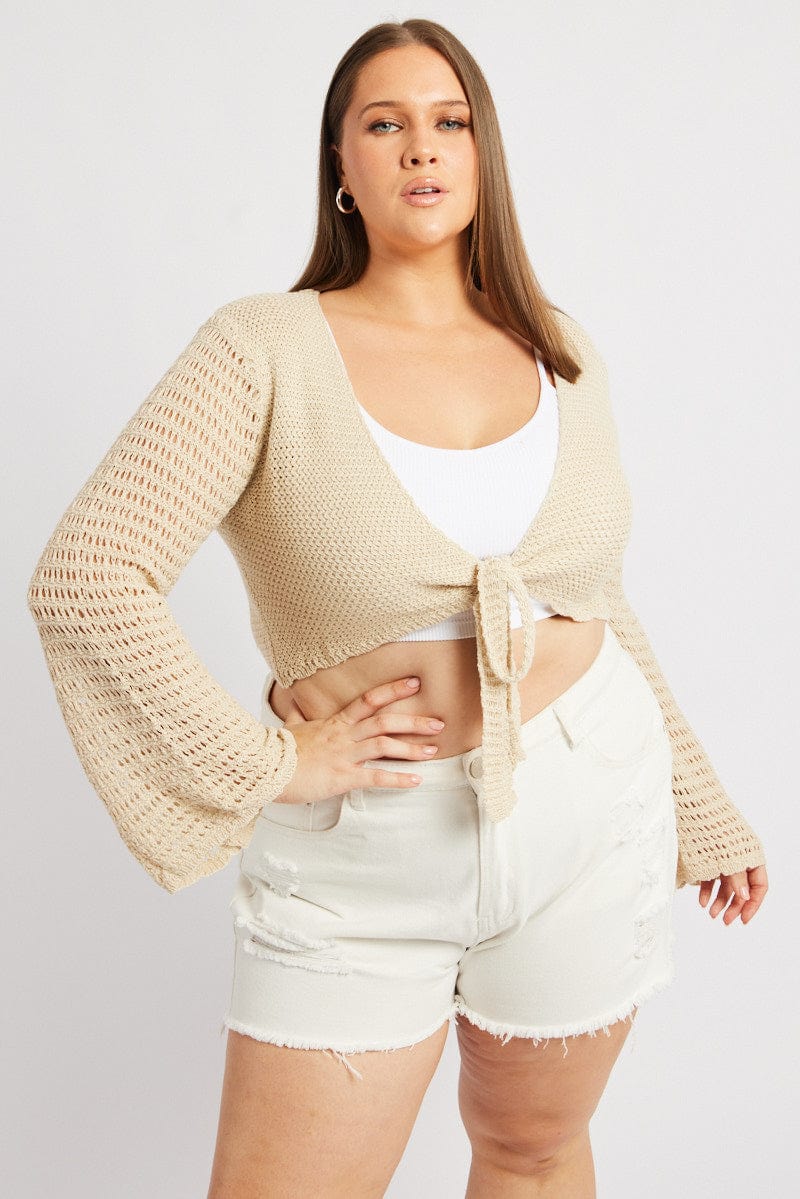 Beige Crochet Cardigan Long Sleeve Tie Front Knit