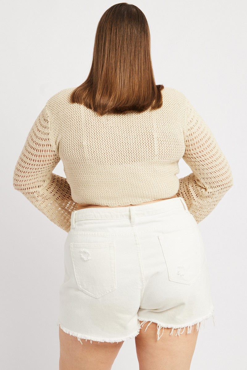 Beige Crochet Cardigan Long Sleeve Tie Front Knit - Image 5