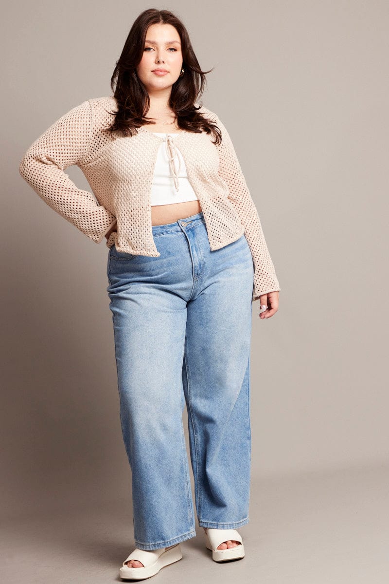 Beige Crochet Cardigan Long Sleeve V-neck Tie Up - Image 2
